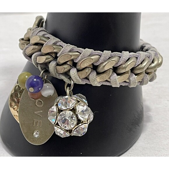 Gray Braided Leather Stainless Steel Cuban Chain Women’s Charm Love Bracelet - Picture 3 of 8